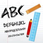 Handwritten Alphabet on Notebook Page with Pencil, Ruler and Eraser